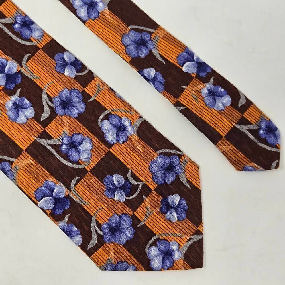 LORENZI HAND MADE ITALY SILK TIE ORANGE BLUE CHECKER FLORAL SATIN 3.75" X 59"